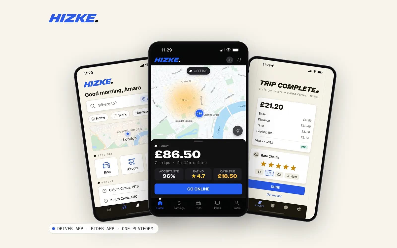 Three HIZKE mobile screens fanned out, the driver app front and centre with today's earnings and the Go online control.