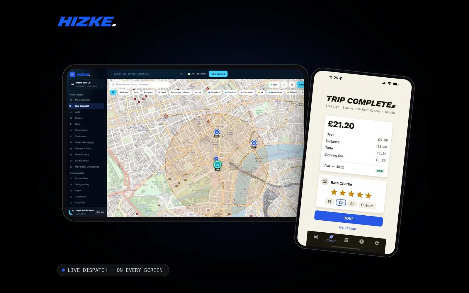 Rider trip-complete screen on a phone with fare breakdown, payment and driver rating, beside the live dispatch board on a tablet.